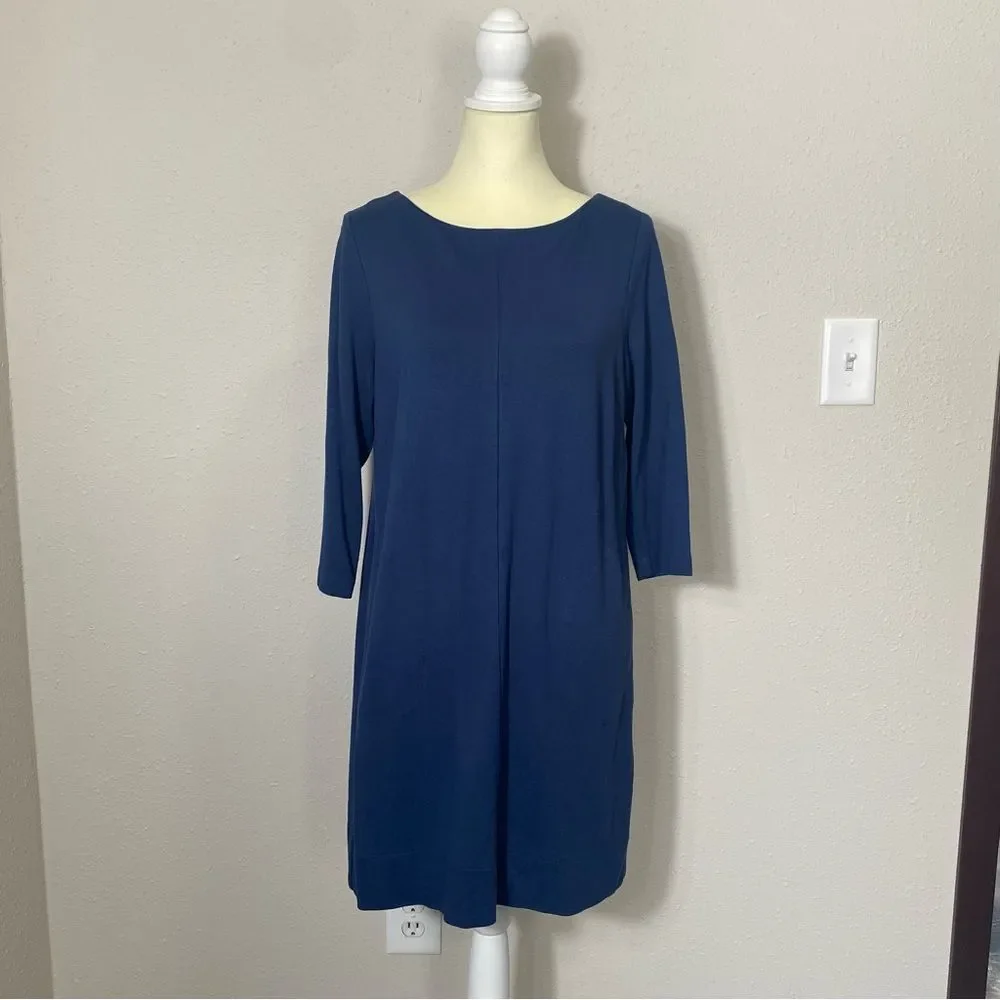 J.Jill Ponte Knit Crew Neck 3/4 Sleeve Shift Dress In Blue Women's Size Medium